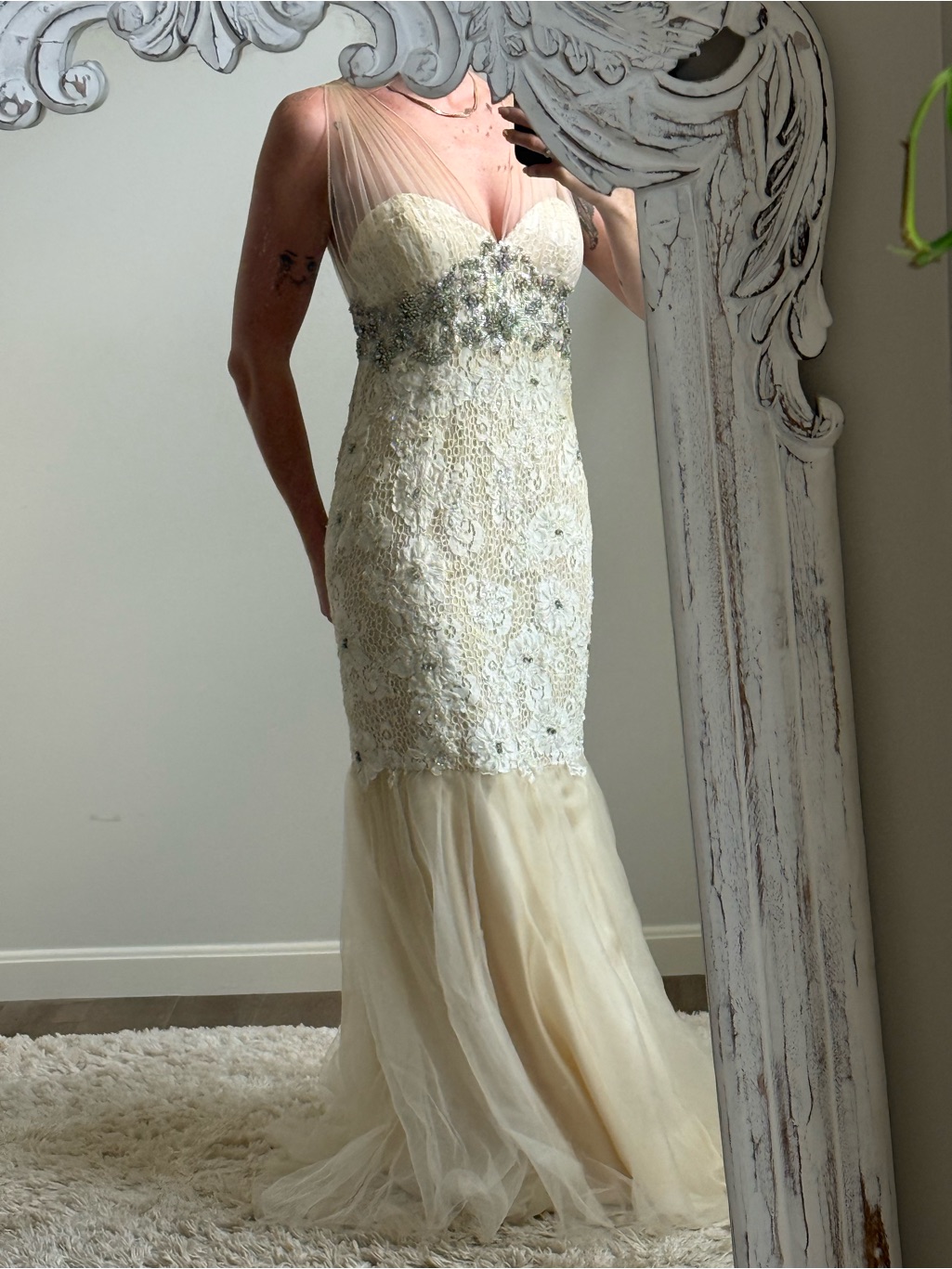 Jovani Ivory And Silver Beaded Tulle Mermaid Gown